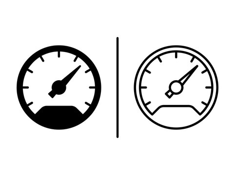 Speedometer gauge meter indicator outline and black fill icon set with speedometer