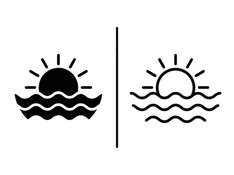 Outline and black fill icon set depicting a sun setting over ocean waves