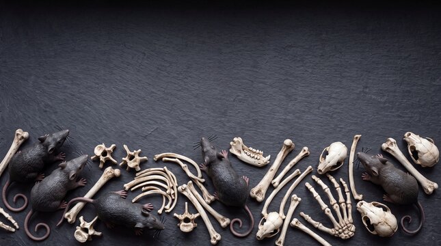 Toy rats and replica skeletal bones lie scattered on dark slate surface creating spooky flatlay for haunted house invitations and cards