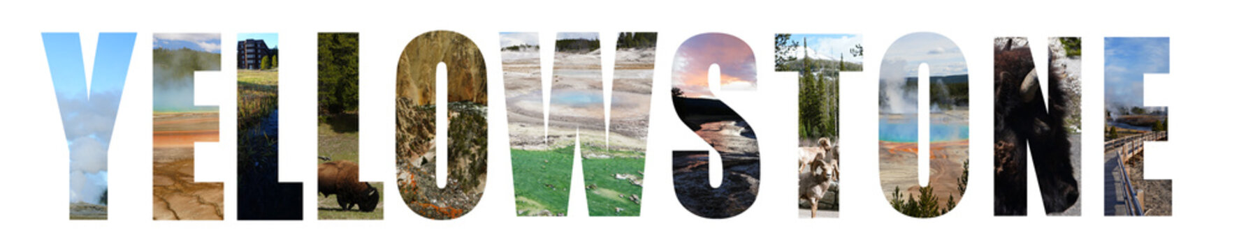 Collage of images from Yellowstone National Park in letters isolated on white background