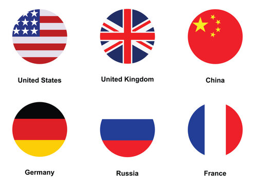 International national flag circle icon collection featuring United States, United Kingdom, China, Germany, Russia and France with country labels, flat vector illustration for travel, geography and ed