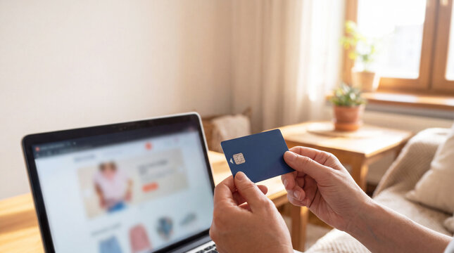 Hands Holding Blue Credit Card in Front of Laptop for Online Shopping and Ecommerce Payment