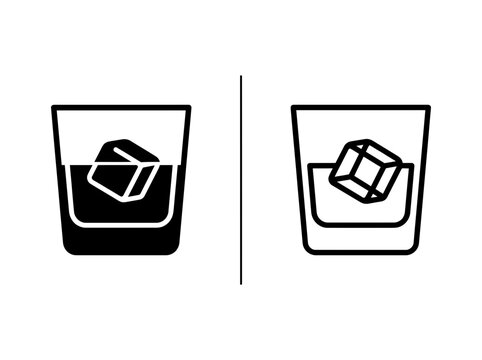 Whiskey glass with ice cube vector illustration outline and black fill icon set beverage cocktail
