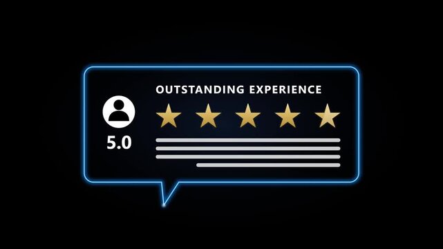 5-star customer review rating animation with glowing neon speech bubble and text overlay