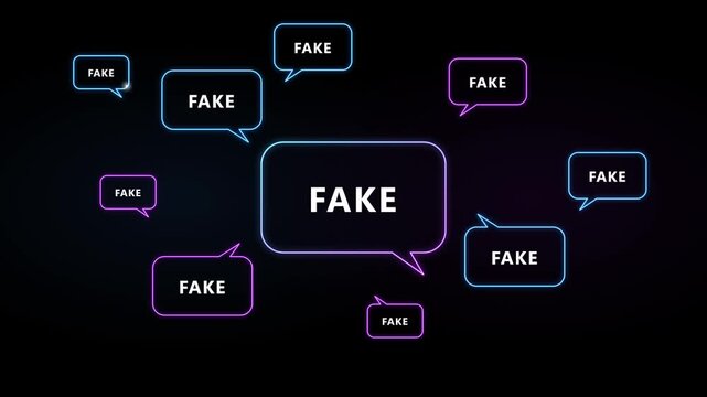 Fake news concept: neon speech bubbles with misinformation warning on dark background