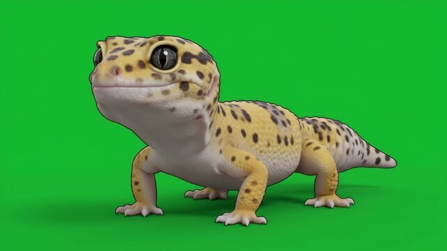 Cute cartoon gecko with big eyes on a green screen background, looking directly at the viewer.