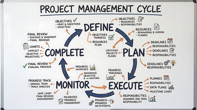 A whiteboard diagram illustrating the project management cycle with key stages and objectives.