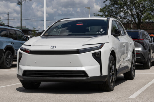 Toyota bZ XLE FWD Plus EV SUV display at a dealership. Toyota offers the bZ with up to 314 miles driving range. MY:2026