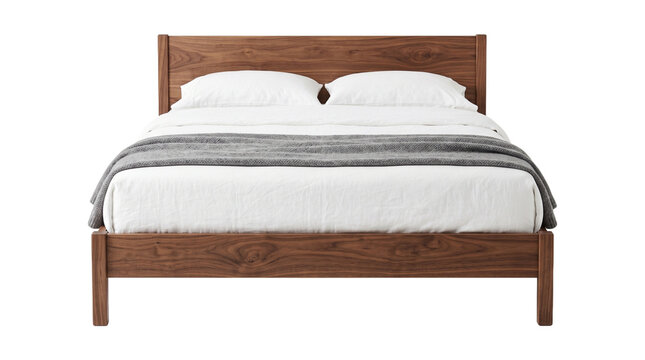 Modern wooden bed frame with white linen pillows and gray blanket for interior home bedroom furniture.