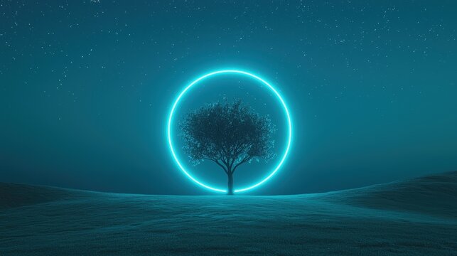 Neon Fantasy Portal Mystical glowing circular doorway radiating neon light, standing in a serene fantasy meadow under a starlit sky.