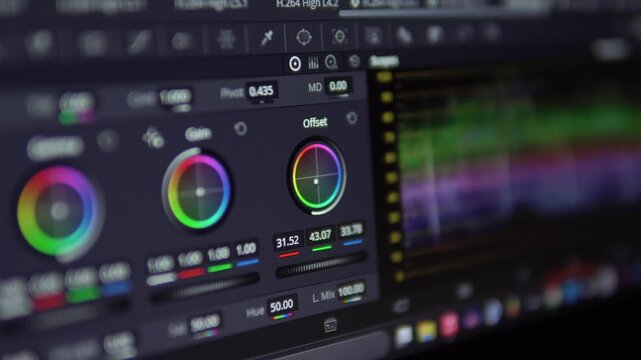 4K video of color correction or color grading software, close-up of the screen. Grading process for video editing, film, media, and broadcasting.