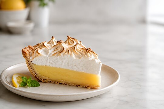 Slice of lemon meringue pie on a plate, delicious citrus dessert with toasted topping.