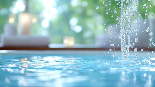 Spa Bath and Water Therapy Close up of water gently cascading into a whirlpool bath, with soft lighting and calming spa decor.