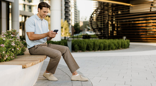 Man enjoying a sunny day outdoors while texting on his smartphone