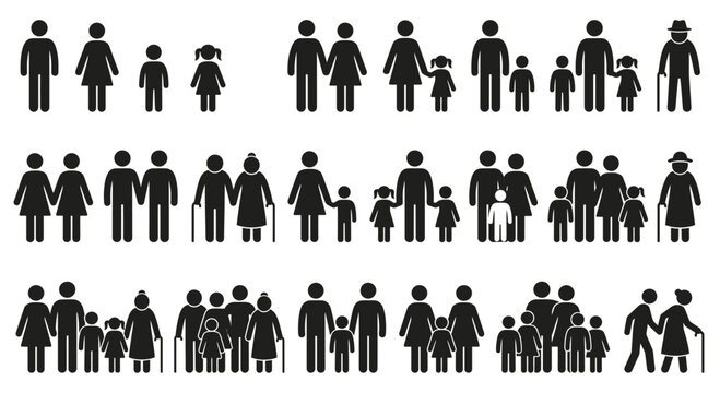 Set of various family icons including parents, children, and elderly people