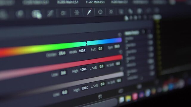 4K video of color correction or color grading software, close-up of the screen. Grading process for video editing, film, media, and broadcasting.