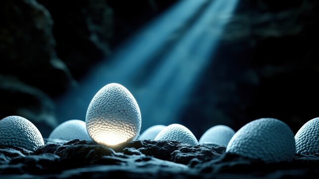Dragon Egg and Hatchling A row of dragon eggs in a cave, one beginning to hatch, with faint light spilling from the cracks.