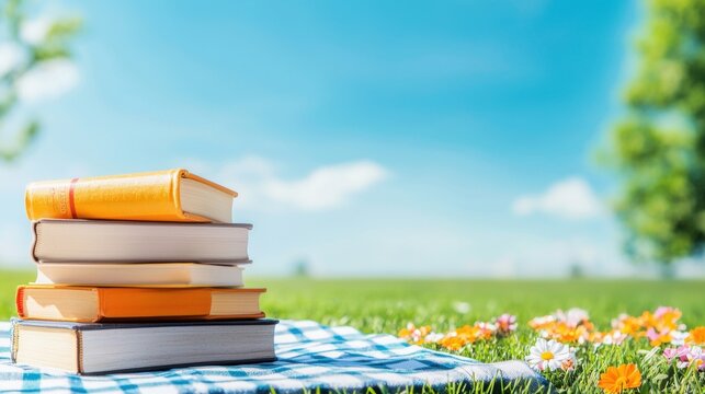 Book in Nature Stack of books placed on a picnic blanket in a meadow, with colorful flowers and blue skies enhancing the scene.