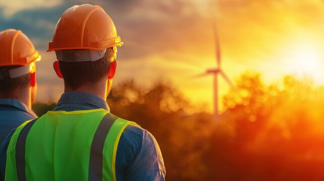 hardhat Environmental Safety Worker wearing a hardhat and safety vest inspecting a wind turbine, emphasizing renewable energy and green practices.