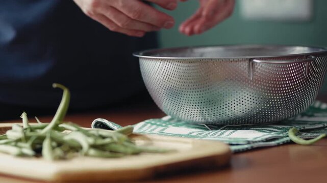 Woman's hands sorting and preparing fresh green beans near a metal colander