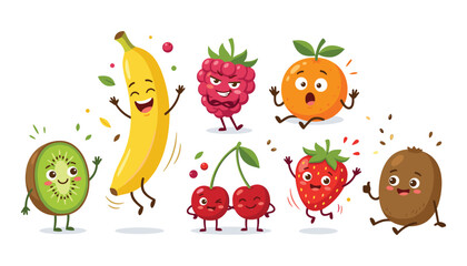 Fototapeta premium Cute Cartoon Fruit Character Set with Funny Faces and Expressive Emotions Including Banana, Strawberry, Kiwi, and Orange Vector Illustration for Kids Content