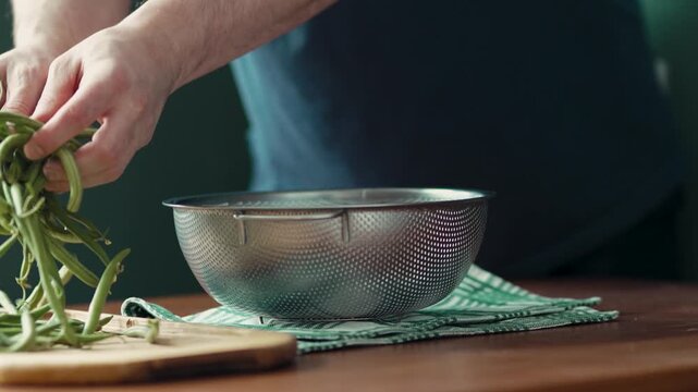 Female hands washing organic string beans under running water in a sink