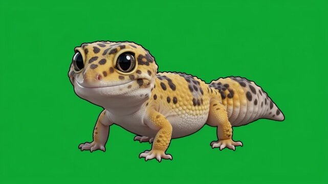 Cute cartoon leopard gecko with big eyes on a green screen background.