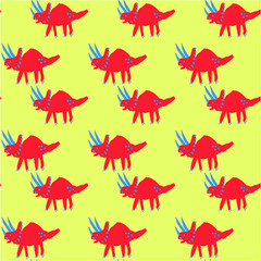 Two red cartoon triceratops dinosaurs with blue horns and spots on a yellow background with simple illustration style © SA Graphic Desing