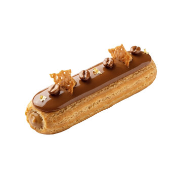 Coffee eclair with chocolate glaze and roasted beans. Isolated festive pastry.