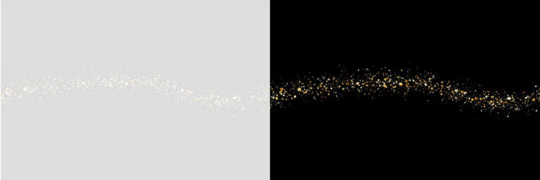 Golden sparkling star trail glitter dust on black and gray backgrounds on transparent background