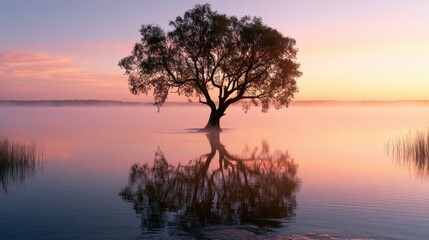 Naklejka premium Serene Reflections: Tree Reaching from Tranquil Water at Daybreak