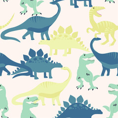 Whimsical dinosaur pattern with playful prehistoric creatures in pastel colors on a light background © SA Graphic Desing