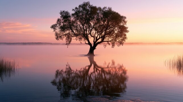 Serene Reflections: Tree Reaching from Tranquil Water at Daybreak