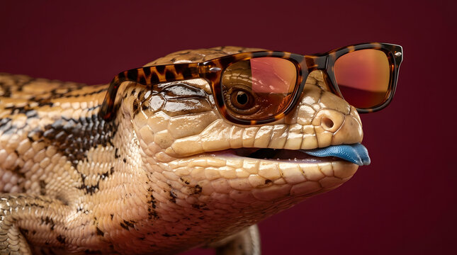 Close-up studio portrait of a blue-tongued skink wearing tortoiseshell sunglasses with copper-to-red mirrored lenses