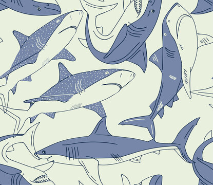Oceanic sharks swimming in a seamless pattern with a light background during daylight