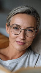 Fototapeta premium Mature woman with gray hair and glasses, smiling gently, wearing a casual shirt, sitting comfortably in a relaxed indoor setting with soft lighting.
