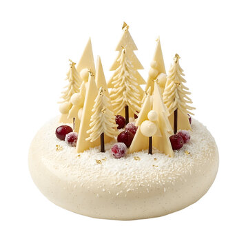 White cake with chocolate Christmas trees and berries. Isolated holiday dessert.