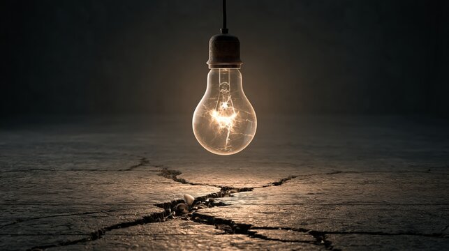 Suspended light bulb flickering above a cracked floor in a dark empty room, symbolizing unstable energy, uncertainty and fragile hope