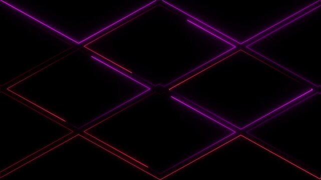 Neon Rhombus Grid: A striking abstract pattern of intersecting neon rhombus shapes in vibrant purple and red hues on a dark background, creating a futuristic and energetic visual effect.