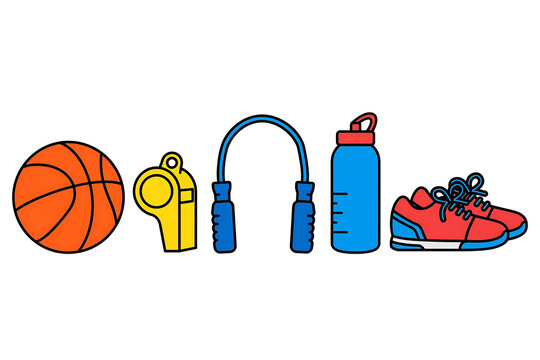 Sports and physical education gear icons including basketball whistle jump rope and sneakers