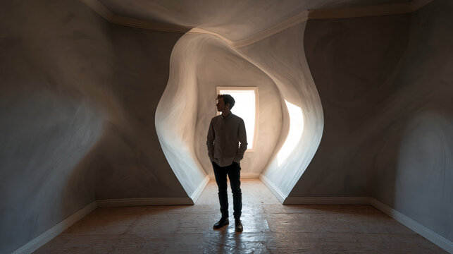Person standing inside a room with walls bending and warping unnaturally, symbolizing mental instability, confusion and distorted perception