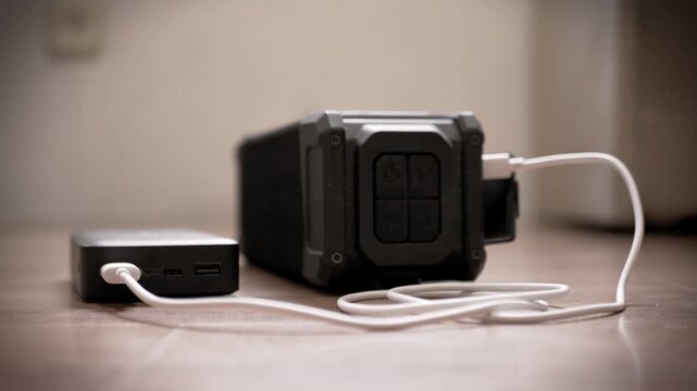 A portable bluetooth speaker is connected to a black power bank with a white USB cable on a wooden floor. Concept of portable technology, battery life, and backup power on the go.