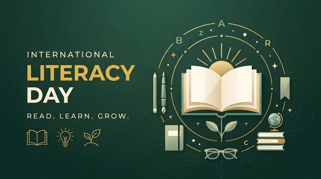Open book with learning elements a vector illustration on a green background