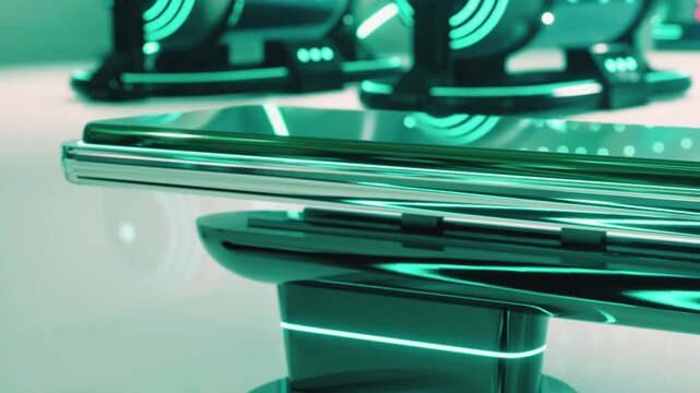 A close view shows a modern desk setup with a shiny green smartphone resting on a sleek surface. The background has various tech items enhancing the scene.