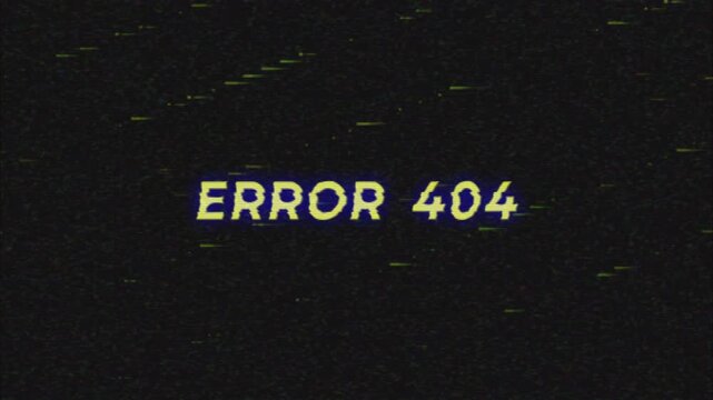 Error 404 vhs glitch screen overlay with no signal transition. Analog noise and scanning tracking lines. 4k video
