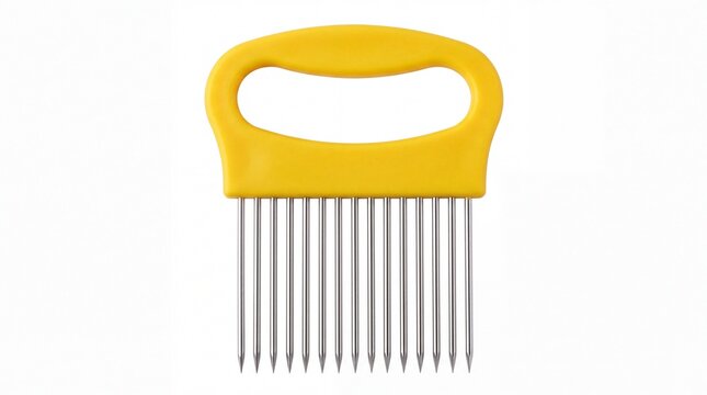 Yellow vegetable slicer tool featuring multiple sharp metal prongs designed for cutting onions and potatoes captured isolated on white background