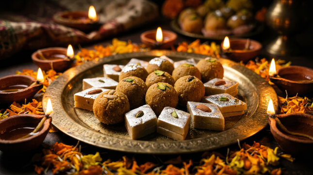 Macro photograph of traditional Indian Diwali sweets like ladoo and barfi on a brass plate with glowing clay Diya lamps.