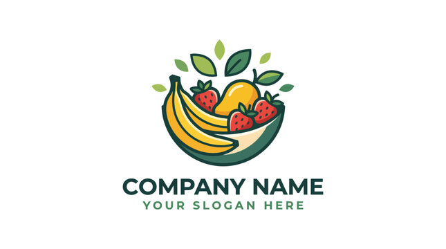Creative fruit bowl logo design with banana mango and strawberry illustrations.