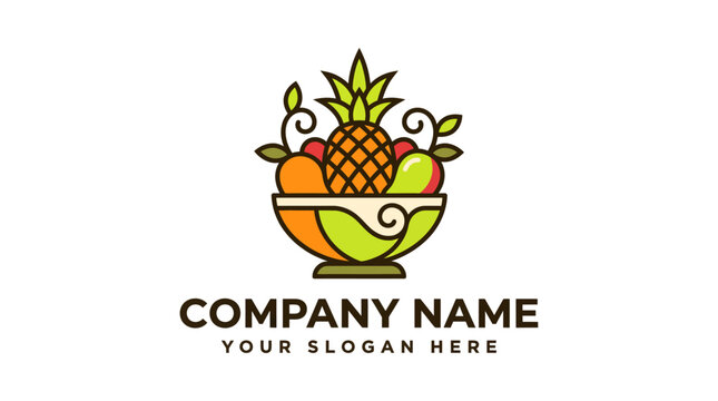 Creative stylized fruit bowl logo design with pineapple and assorted fresh fruits.