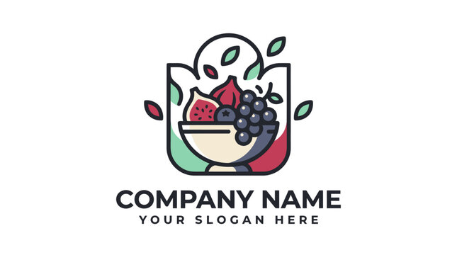 Creative vector logo design featuring a bowl of mixed fresh fruits and berries.